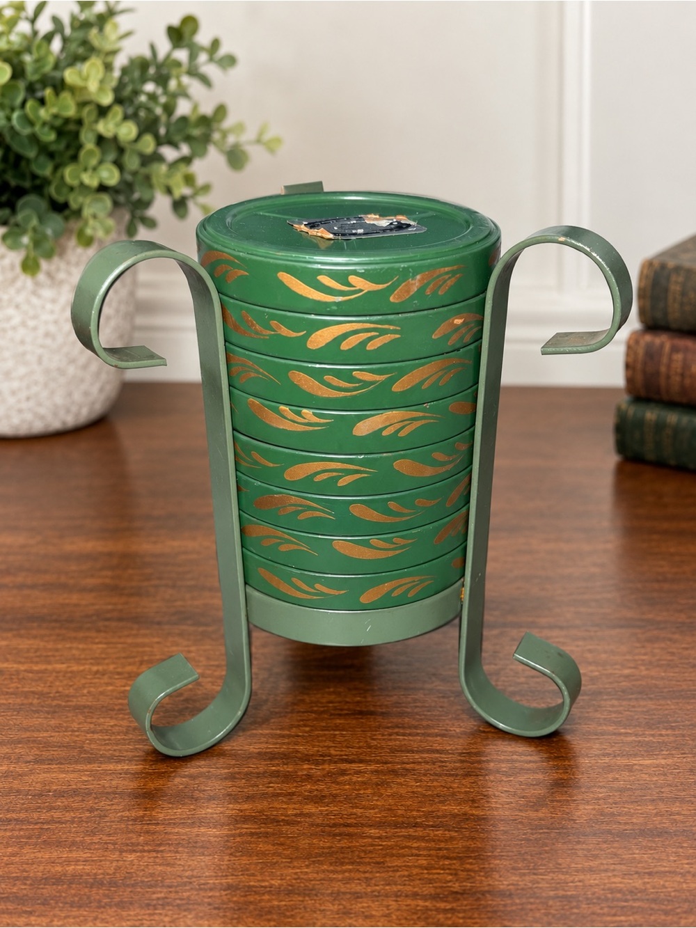 Vintage Nashco Set of 8 Green Gold Metal Coasters with Scroll Stand MCM